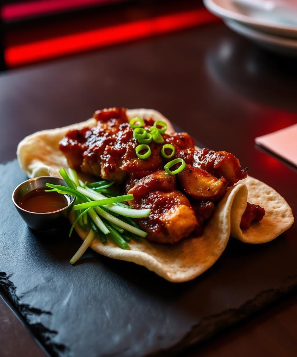 Crispy aromatic duck with pancakes and hoi sin sauce